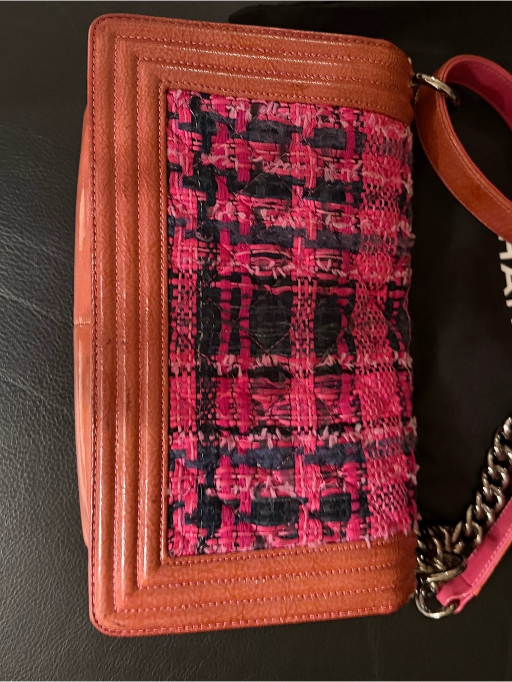 CHANEL Pink Tweed & Brown Leather Boy Bag with Silver Hardware - Picture 4 of 11